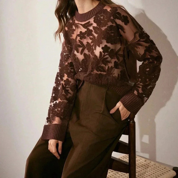 Coffee Brown Casual Women's Floral Pattern Knit Round Neck Drop Shoulder Sweater - Picture 1 of 6